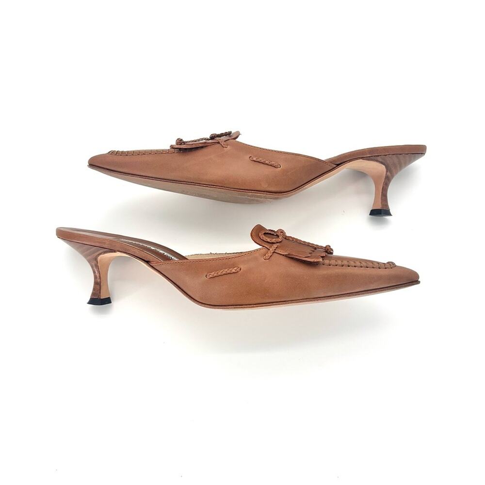 Vintage Manolo Blahnik  Bow Fringe Detail Pointed Toe Kitten Heel Mules 39.5 - Picture 6 of 10